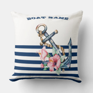 Coussin Nom du bateau, Ancre florale Bleu de la Marine