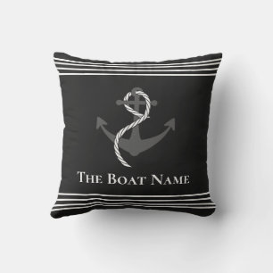 Coussin Nom du bateau de famille Blanc noir gris Ancre nau
