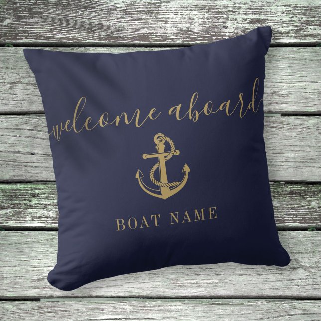 Coussin Nom Du Bateau Marine Ancre Bleue Et Or Bienvenue À (Boat Name Navy Blue And Gold Anchor Welcome Aboard Throw Pillow)