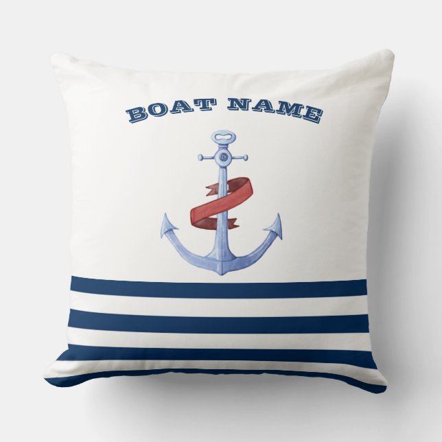 Coussin Nom du bateau nautique, Ancre Bleue Marine Bleu ra (Recto)