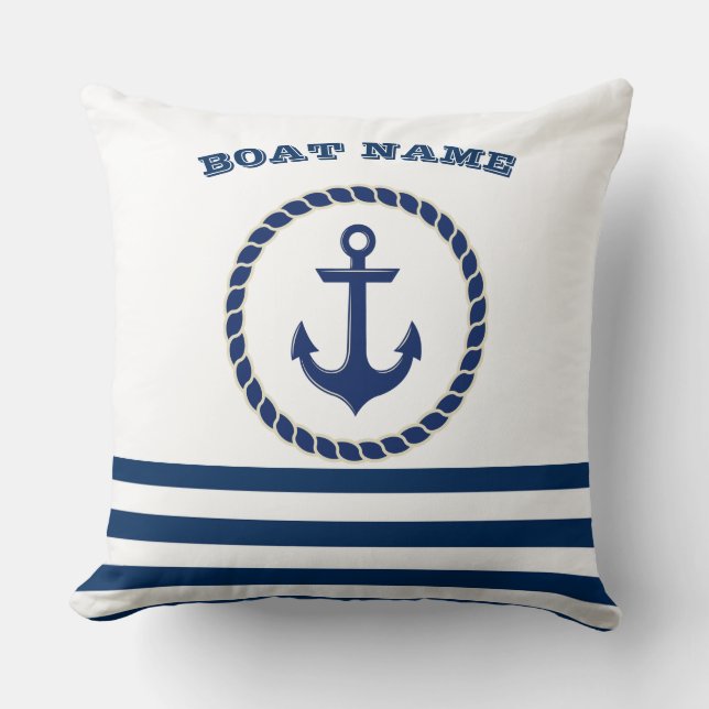 Coussin Nom du bateau nautique, Ancre Marine Bleu rayé (Recto)