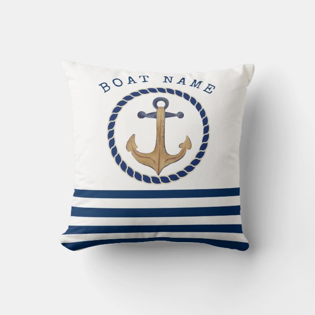 Coussin Nom du bateau nautique, Ancre rétro Marine Bleu ra (Recto)