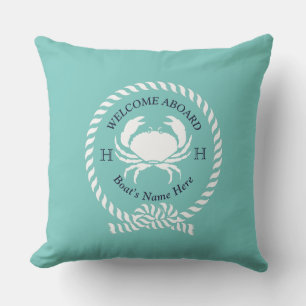 Coussin Nom du bateau nautique Corde de crabe Bleu Turquoi