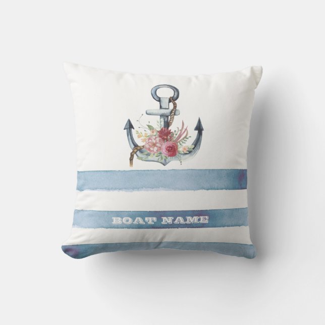 Coussin Nom du bateau nautique, Fleurs d'Ancres rayures (Recto)