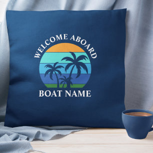 Coussin Nom du bateau Sun Palm Trees Bienvenue à bord Bleu