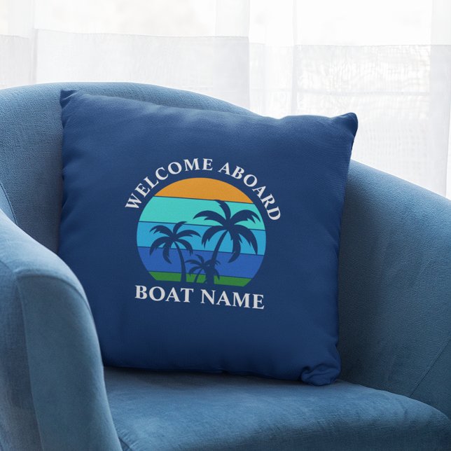Coussin Nom du bateau Sun Palm Trees Bienvenue à bord Bleu (Customize to change text size or text style.)