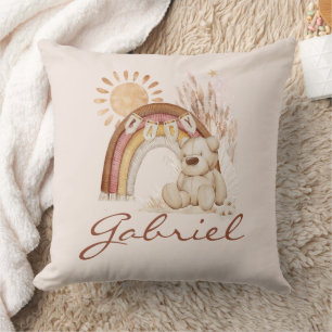 Coussin Nom du bébé customisé Ours de saumons arc-en-ciel