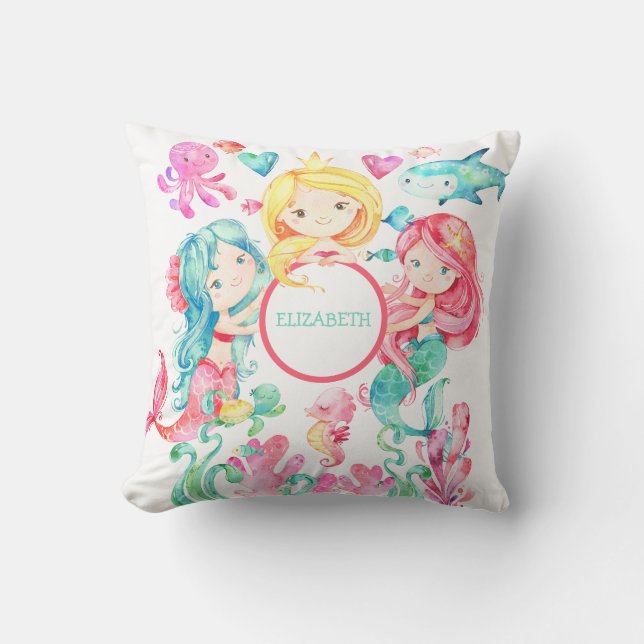 Coussin Nom du bébé Sirènes sous la Mer Cute Nursery (Recto)