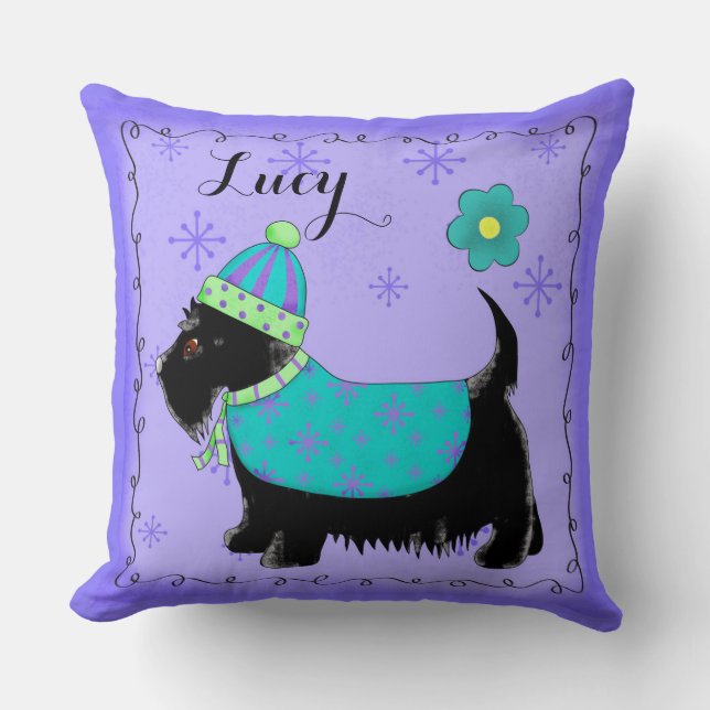 Coussin Nom du chien écossais noir Lavande personnalisée (Recto)