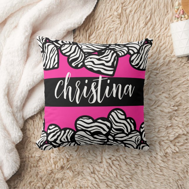 Coussin Nom du coeur du motif zèbre rose chaud et blanc (Couverture)