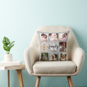 Coussin Nom du monogramme de famille Collage photo rustiqu