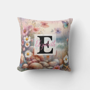 Coussin Nom du monogramme sur l'aquarelle Fleurs coquillag