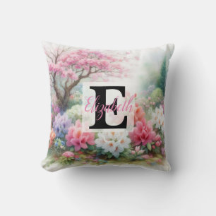 Coussin Nom du monogramme sur l'aquarelle Fleurs en pastel