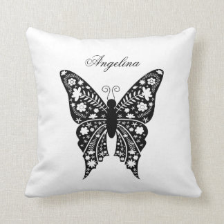Coussin Nom du papillon moderne noir et blanc