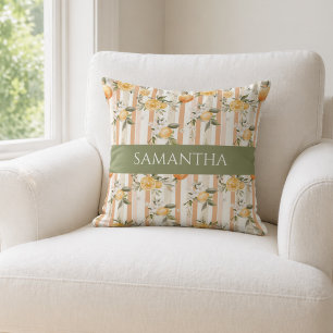 Coussin Nom Fleur Orange Citron Ruban Pêche