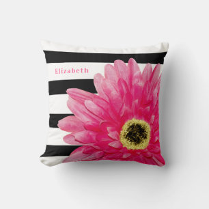 Coussin Nom Fleur Pâquerette Rose Rayure Noire