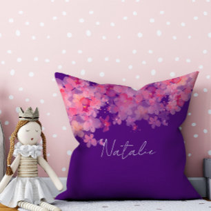 Coussin Nom floral aquarelle corail violet 