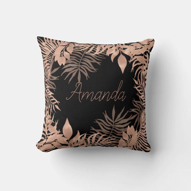Coussin Nom Floral Rose Or Tropical Noir (Recto)
