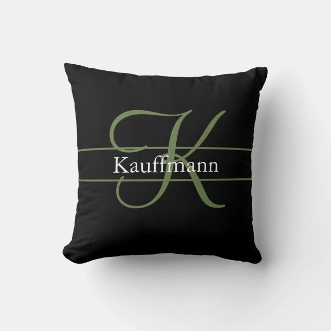 Coussin Nom initial de monogramme script noir vert blanc  (Recto)