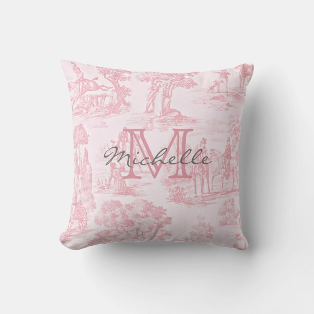 Coussin Nom initial monogramme toile de Jouy française ros (Recto)