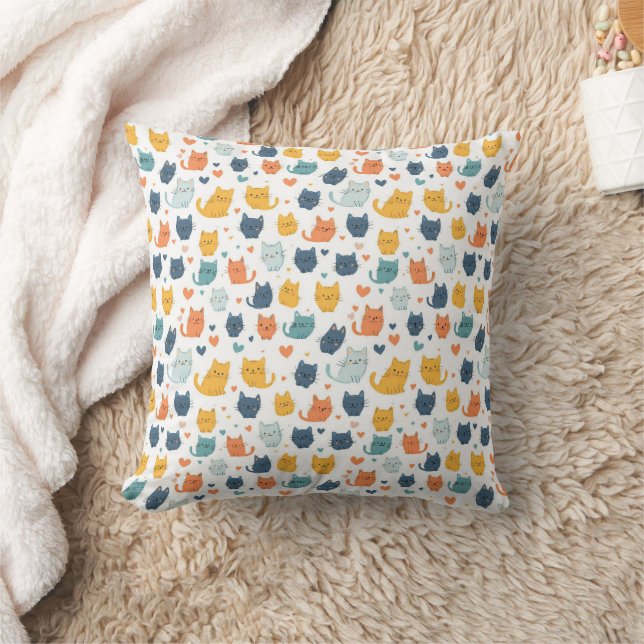 Coussin Nom Monogramme Bleu Orange Jaune Chats Mignons  (Couverture)