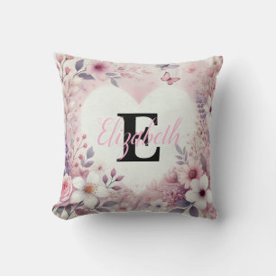 Coussin Nom monogramme coeur floral amoureux aquarelle