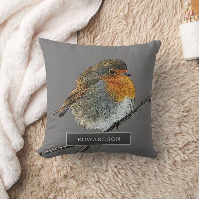 Coussin Nom monogramme de la famille d'oiseaux Robin gris (Couverture)