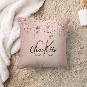 Coussin Nom monogramme des étoiles blush or rose