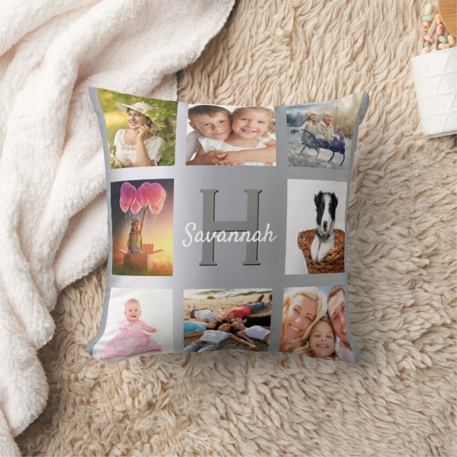 Coussin Nom monogramme du collage photo argent (Couverture)