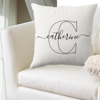 Coussin Nom Monogramme Noir Blanc Écriture Moderne Minimal