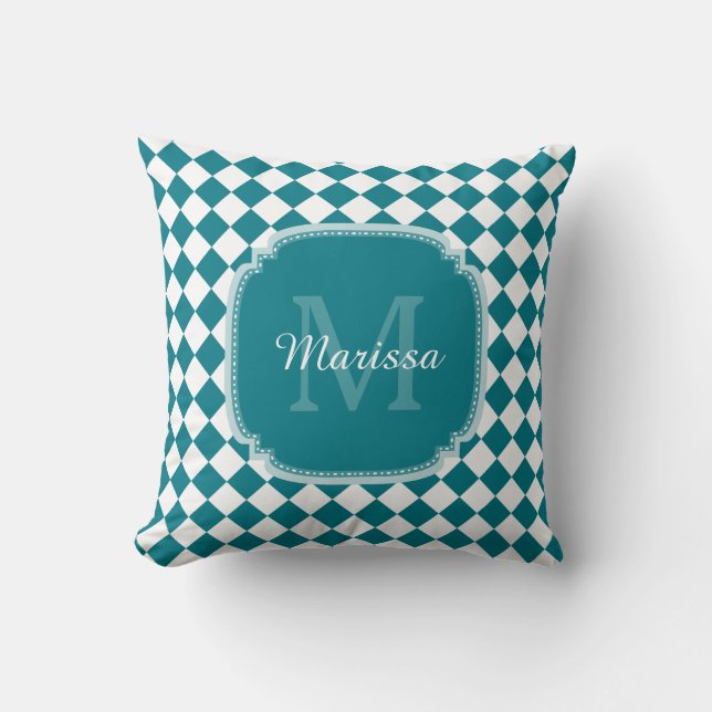 Coussin Nom Monogrammé Turquoise et blanc tendance (Recto)