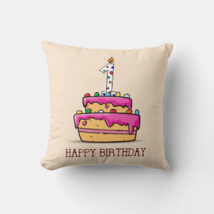 Coussin Nom personnalisé, 1er anniversaire, gâteau rose do