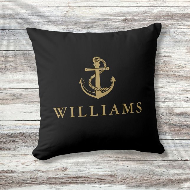 Coussin Nom Personnalisé Ancre Nautique Noir Et Or (Personalized Name Nautical Anchor Black And Gold Throw Pillow)