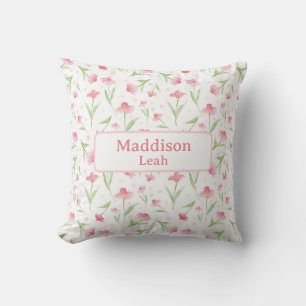 Coussin Nom personnalisé Art Aquarelle Floral Rose Nursery