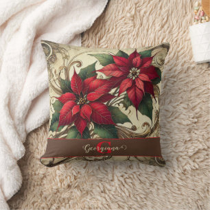 Coussin Nom personnalisé Art Nouveau Noël Poinsettia