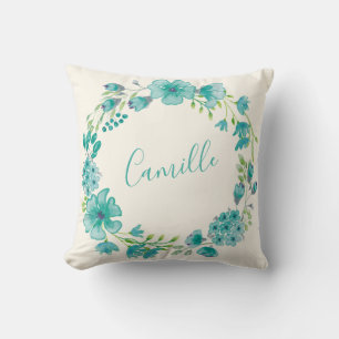 Coussin Nom personnalisé Blue Floral Wreath Home Décor