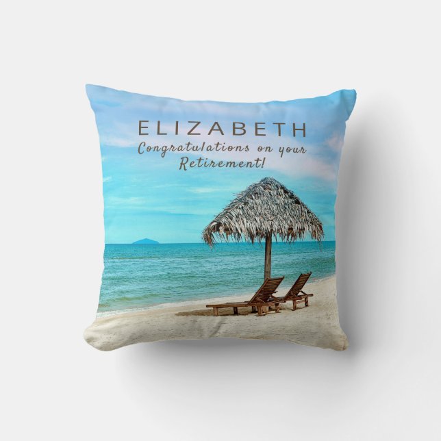 Coussin Nom personnalisé de retraite avec texte Plage trop (Recto)