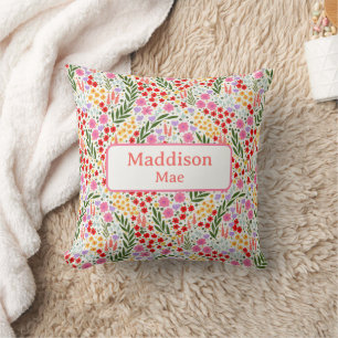 Coussin Nom personnalisé Décor Floral Colorful Nursery Art