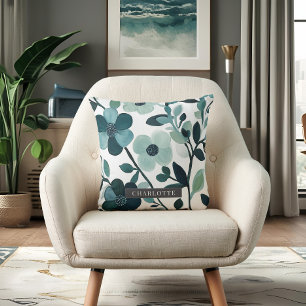 Coussin Nom personnalisé Elégant Blue Aqua Floral Vines