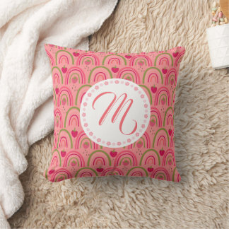 Coussin Nom personnalisé initiales arc-en-ciel fraise rose
