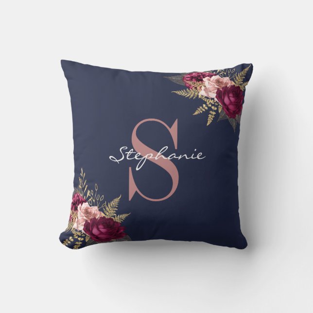 Coussin Nom personnalisé Monogramme rose Bourgogne Or Flor (Recto)