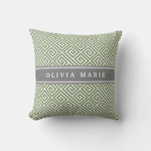 Coussin Nom personnalisé Motif de clé grecque verte