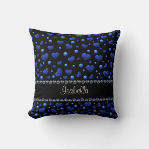 Coussin Nom personnalisé, motif paillettes cœur bleu
