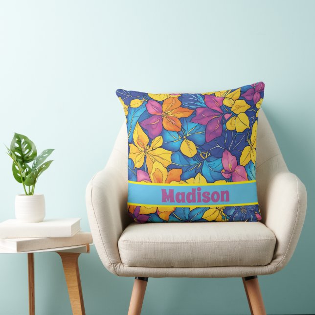 Coussin Nom personnalisé motifs de l'aquarelle florale (Chaise)
