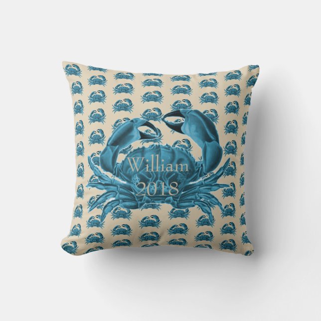 Coussin Nom personnalisé nautique Crabe en bleu et bronze (Recto)