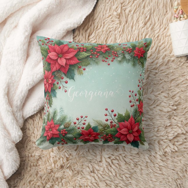 Coussin Nom personnalisé Noël Floral Aquarelle Poinsettia (Couverture)
