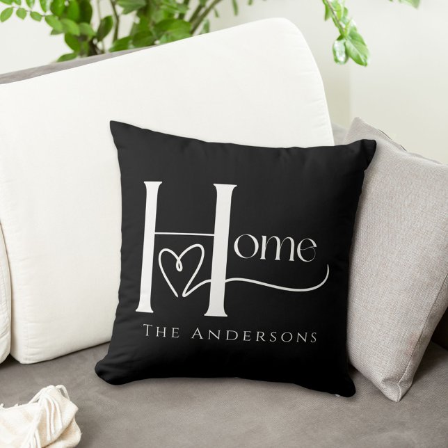 Coussin Nom personnalisé noir et blanc Accueil (Créateur téléchargé)