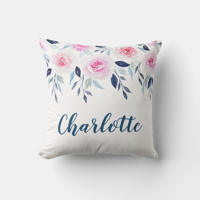 Coussin Nom personnalisé par aquarelle rose florale de (Recto)