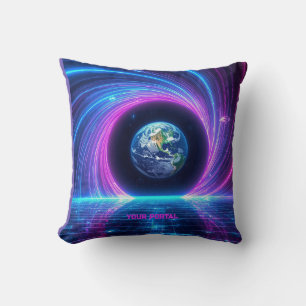 Coussin Nom personnalisé Portail de la planète néon Rétro