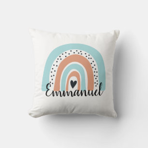 Coussin Nom personnalisé Rainbow Heart Blue Peach